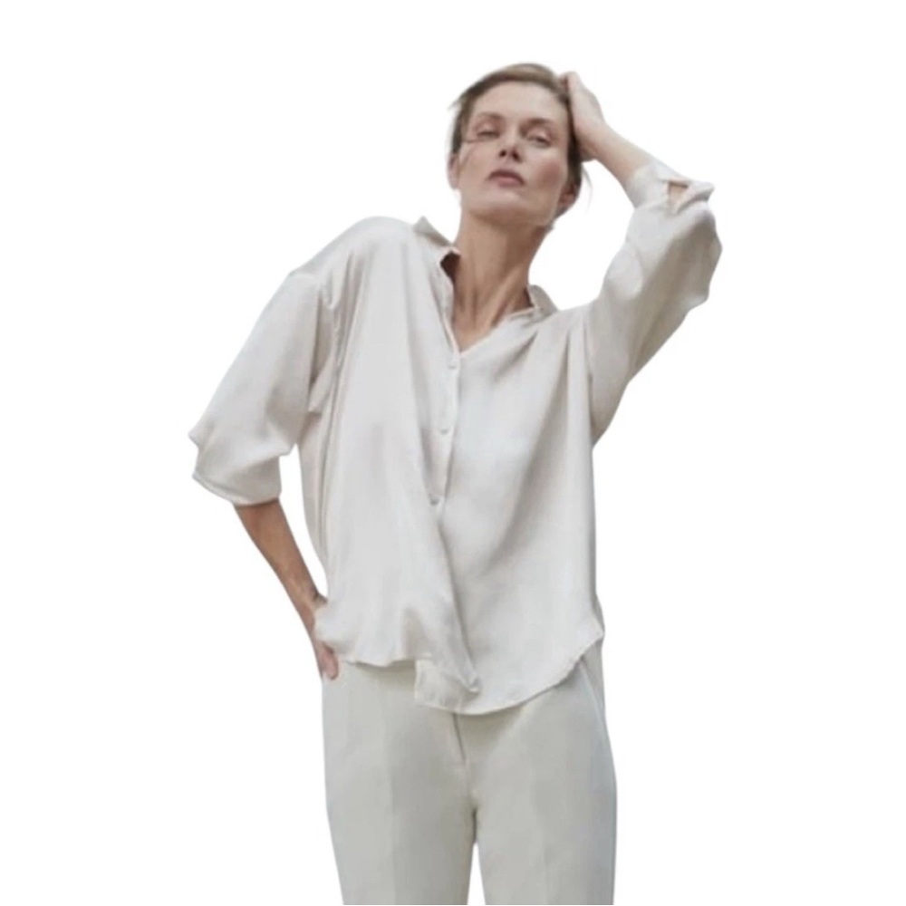 ZARA Oversized Satin Button-Up Blouse in Ivory White Size XL NWT